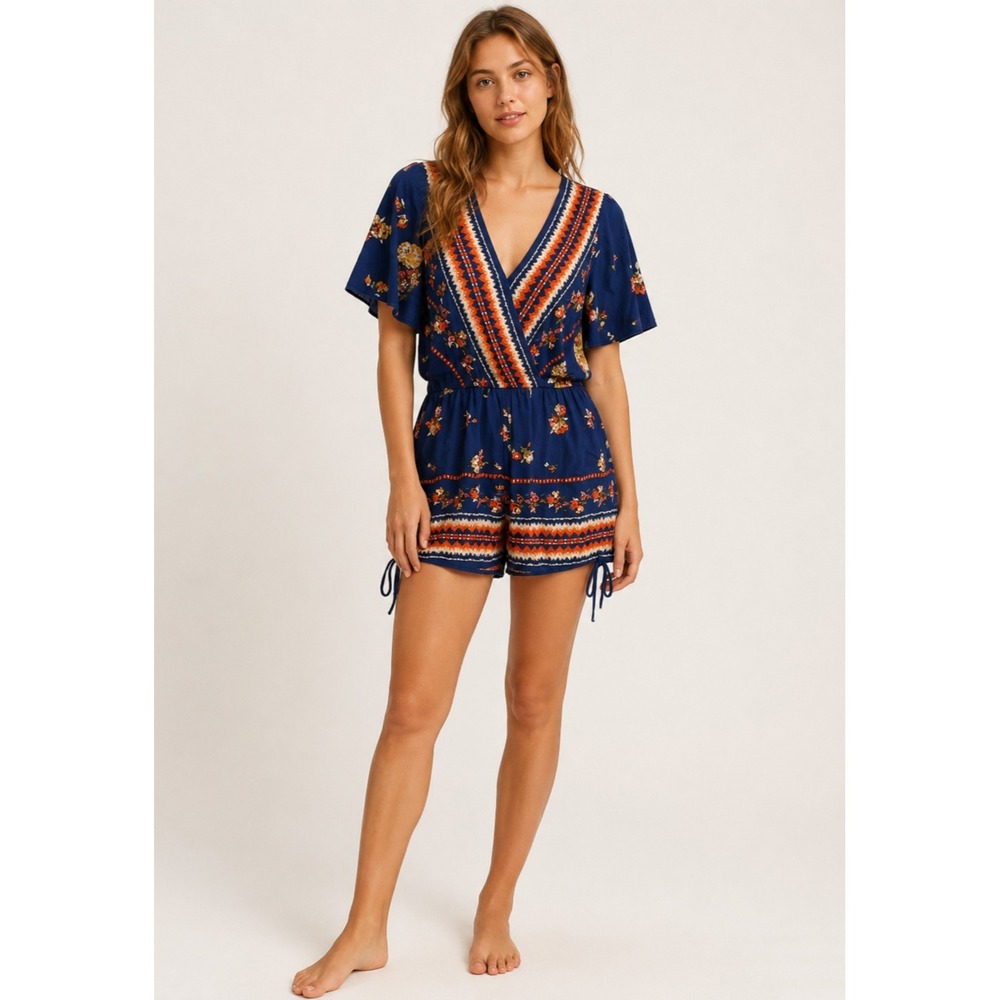 Band of Gypsies Romper Womens M Blue Viscose Aztec Floral Boho Country Festival